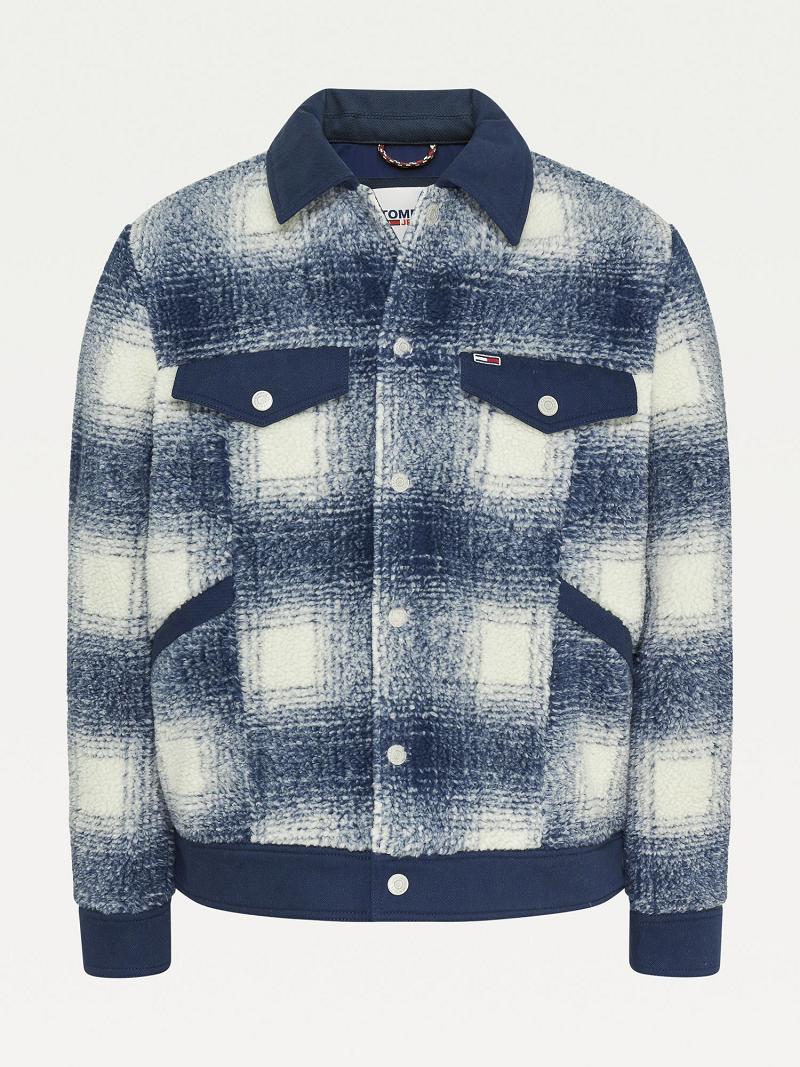 Férfi Tommy Hilfiger Recycled sherpa check trucker Kabát Kék Fehér | HU 1202UZG